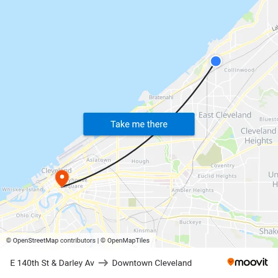 E 140th St & Darley Av to Downtown Cleveland map