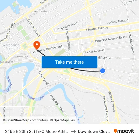 2465 E 30th St (Tri-C Metro Athletic Ctr) to Downtown Cleveland map