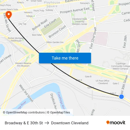 Broadway & E 30th St to Downtown Cleveland map