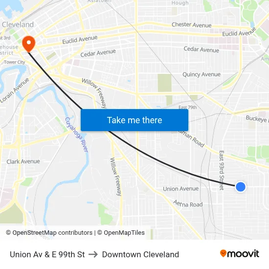 Union Av & E 99th St to Downtown Cleveland map