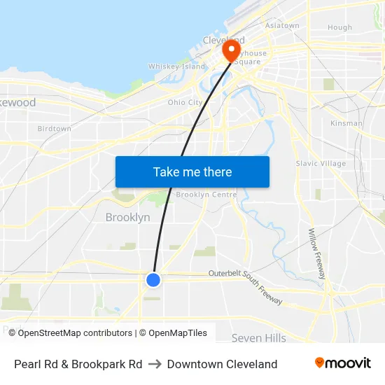 Pearl Rd & Brookpark Rd to Downtown Cleveland map