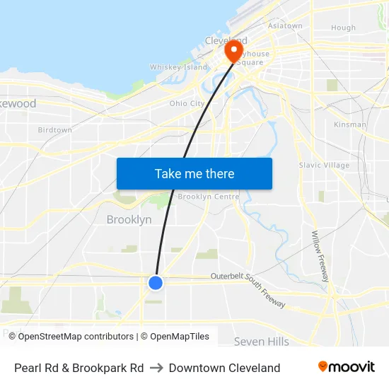 Pearl Rd & Brookpark Rd to Downtown Cleveland map