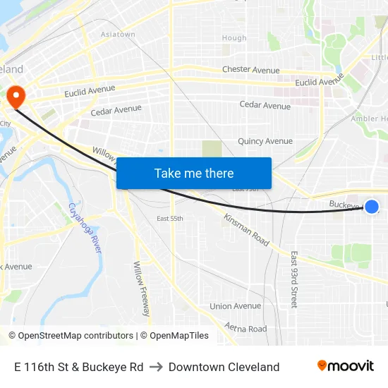 E 116th St & Buckeye Rd to Downtown Cleveland map