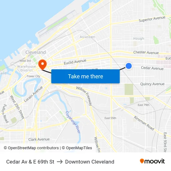 Cedar Av & E 69th St to Downtown Cleveland map