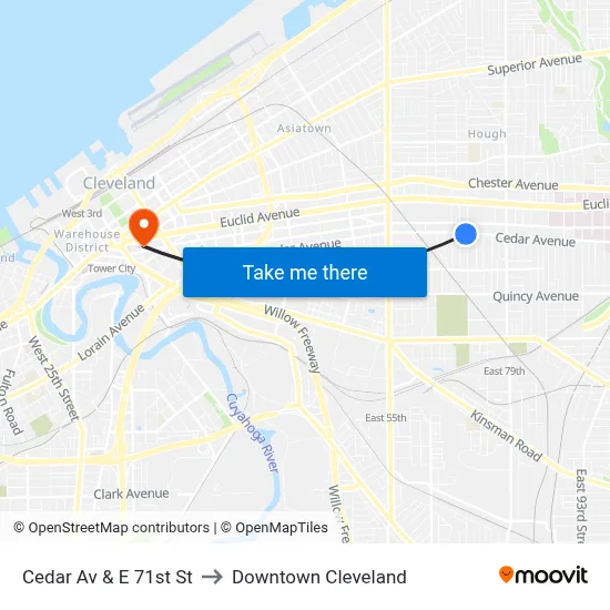 Cedar Av & E 71st St to Downtown Cleveland map