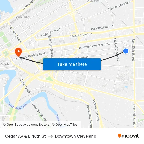 Cedar Av & E 46th St to Downtown Cleveland map