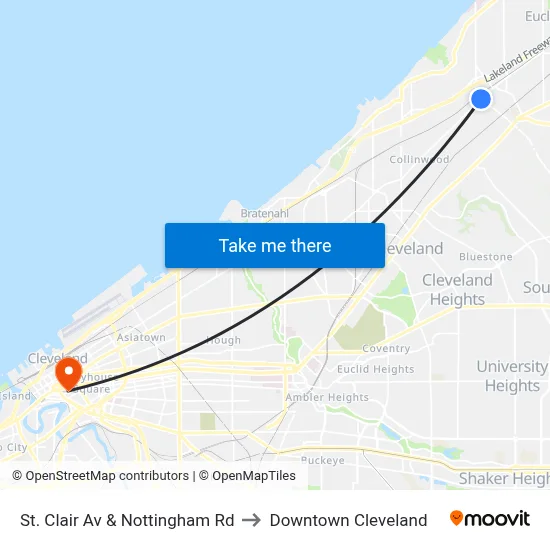 St. Clair Av & Nottingham Rd to Downtown Cleveland map