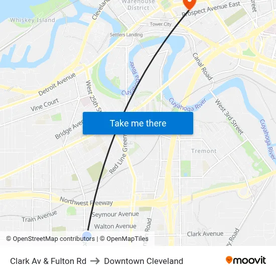 Clark Av & Fulton Rd to Downtown Cleveland map