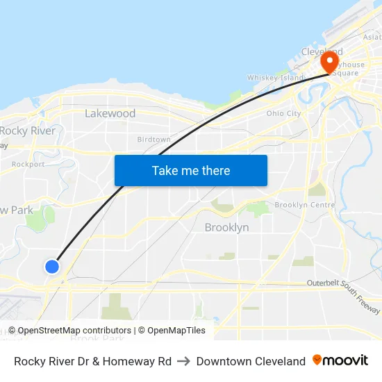 Rocky River Dr & Homeway Rd to Downtown Cleveland map