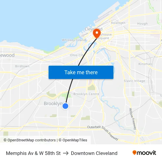 Memphis Av & W 58th St to Downtown Cleveland map