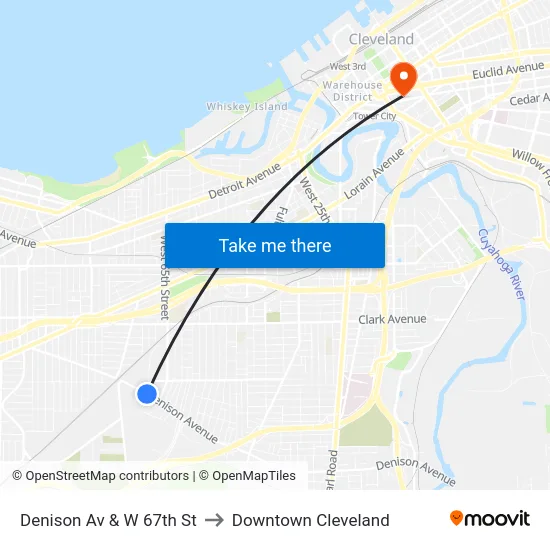 Denison Av & W 67th St to Downtown Cleveland map