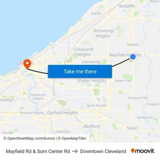 Mayfield Rd & Som Center Rd to Downtown Cleveland map