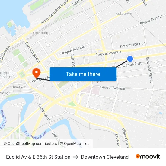 Euclid Av & E 36th St Station to Downtown Cleveland map