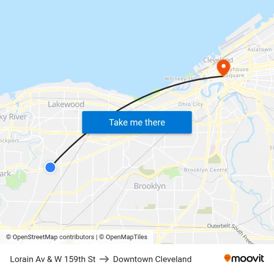 Lorain Av & W 159th St to Downtown Cleveland map