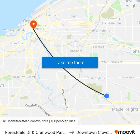 Forestdale Dr & Cranwood Park Blvd to Downtown Cleveland map