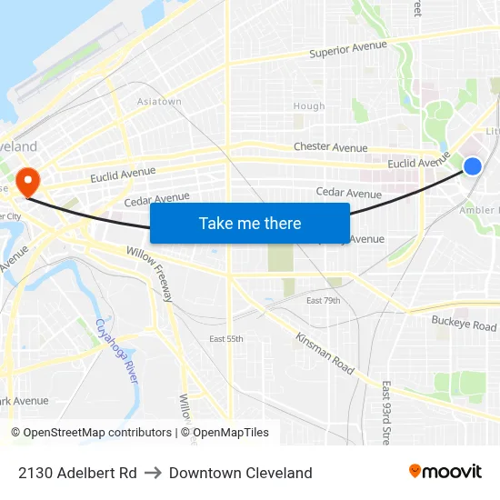 2130 Adelbert Rd to Downtown Cleveland map