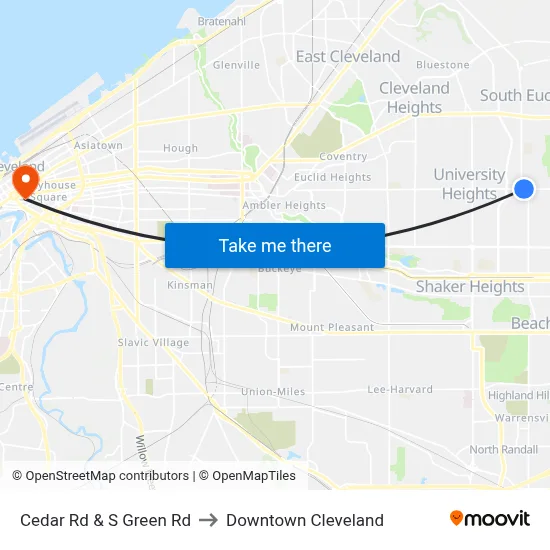 Cedar Rd & S Green Rd to Downtown Cleveland map