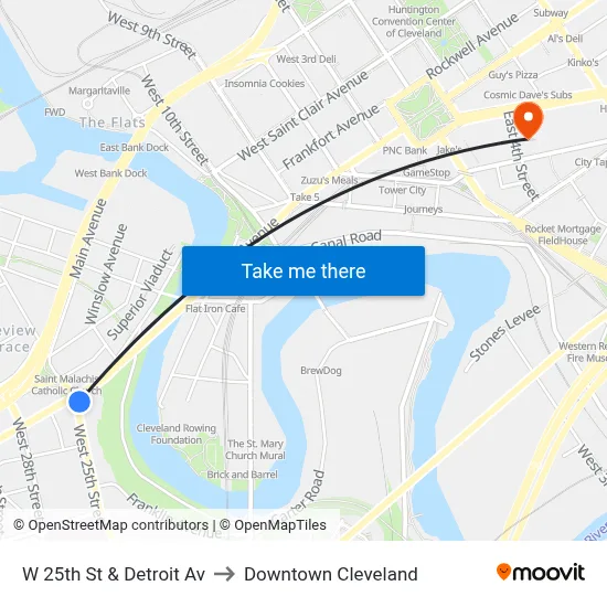 W 25th St & Detroit Av to Downtown Cleveland map