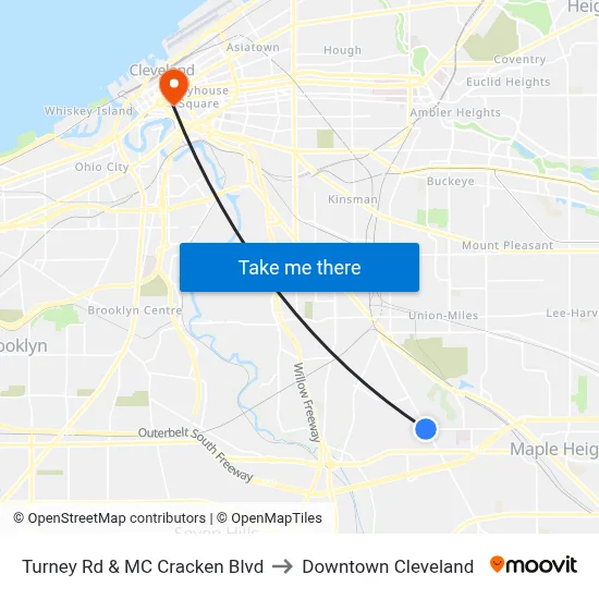 Turney Rd & MC Cracken Blvd to Downtown Cleveland map