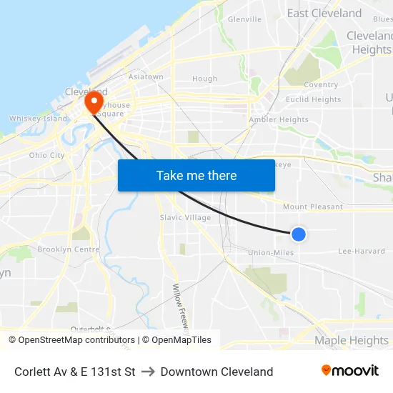 Corlett Av & E 131st St to Downtown Cleveland map