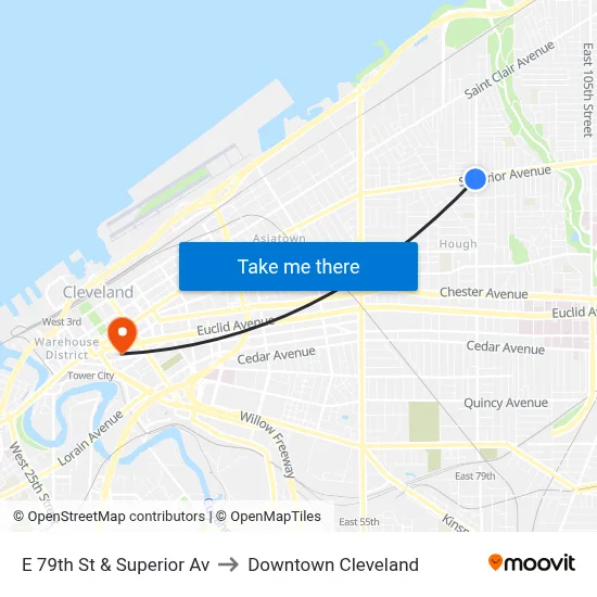 E 79th St & Superior Av to Downtown Cleveland map
