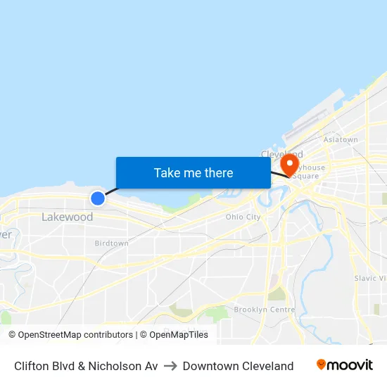 Clifton Blvd & Nicholson Av to Downtown Cleveland map