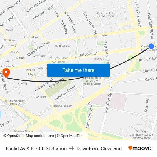 Euclid Av & E 30th St Station to Downtown Cleveland map