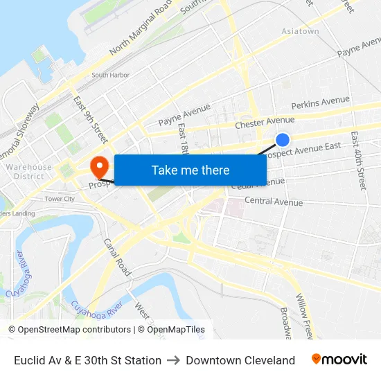 Euclid Av & E 30th St Station to Downtown Cleveland map