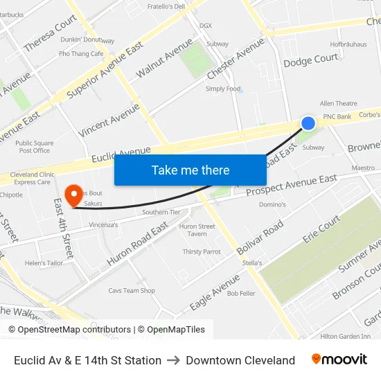 Euclid Av & E 14th St Station to Downtown Cleveland map