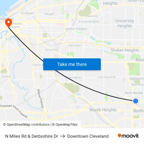 N Miles Rd & Derbyshire Dr to Downtown Cleveland map