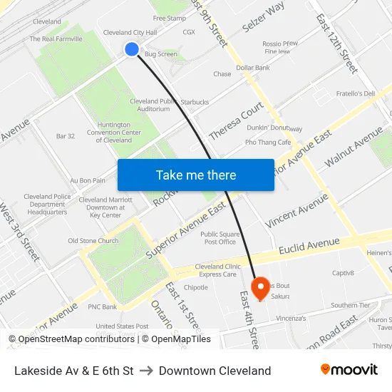 Lakeside Av & E 6th St to Downtown Cleveland map