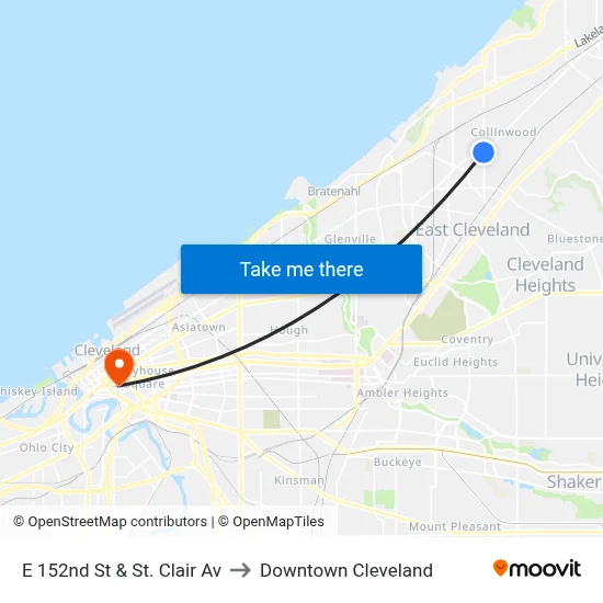 E 152nd St & St. Clair Av to Downtown Cleveland map