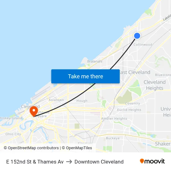 E 152nd St & Thames Av to Downtown Cleveland map