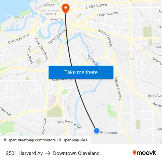 2501 Harvard Av to Downtown Cleveland map