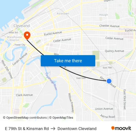 E 79th St & Kinsman Rd to Downtown Cleveland map