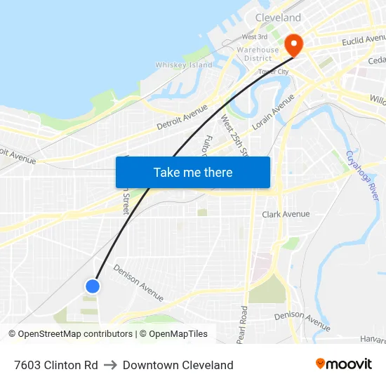 Clinton Rd & Ridge Rd to Downtown Cleveland map