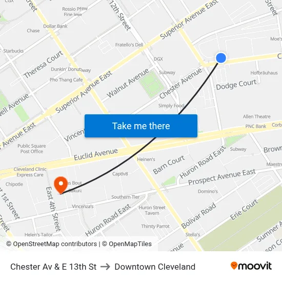 Chester Av & E 13th St to Downtown Cleveland map