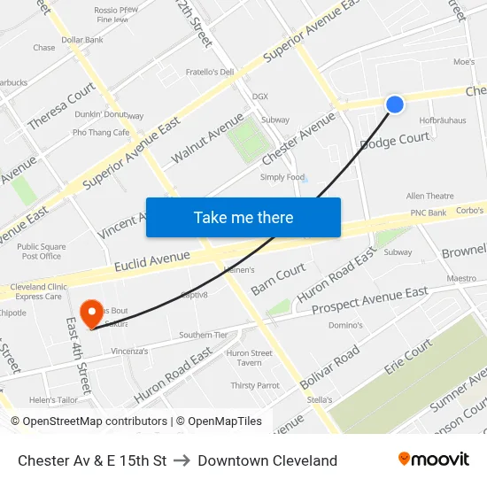 Chester Av & E 15th St to Downtown Cleveland map