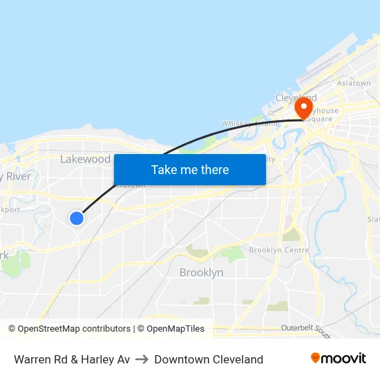 Warren Rd & Harley Av to Downtown Cleveland map