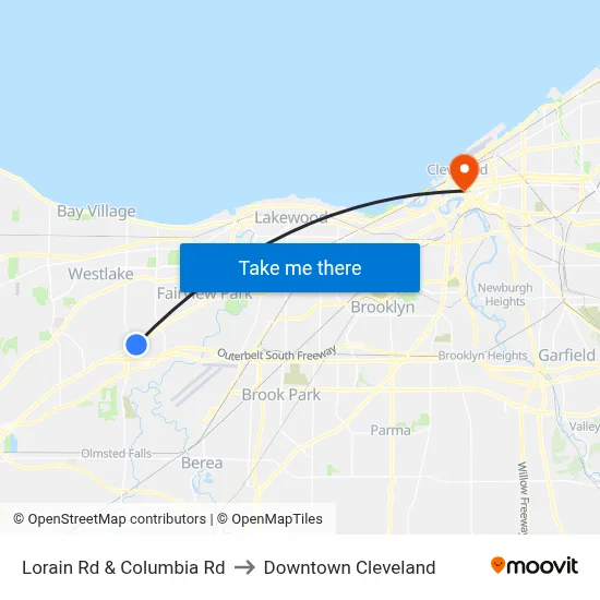 Lorain Rd & Columbia Rd to Downtown Cleveland map