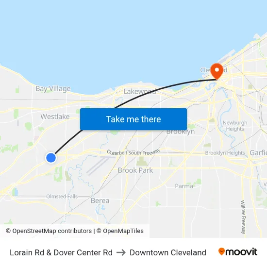 Lorain Rd & Dover Center Rd to Downtown Cleveland map