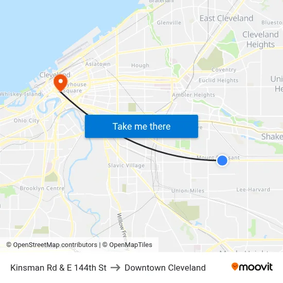 Kinsman Rd & E 144th St to Downtown Cleveland map