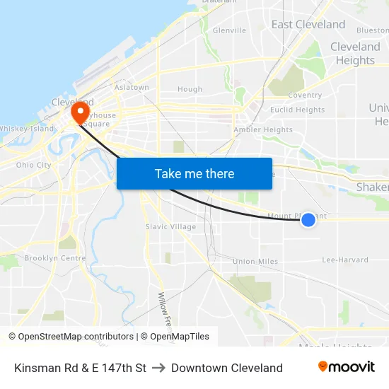 Kinsman Rd & E 147th St to Downtown Cleveland map