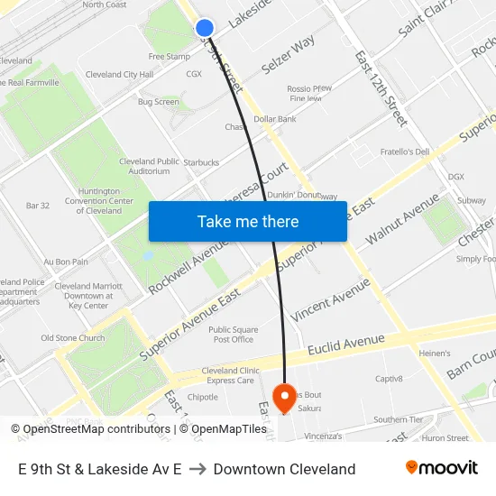 E 9th St & Lakeside Av E to Downtown Cleveland map