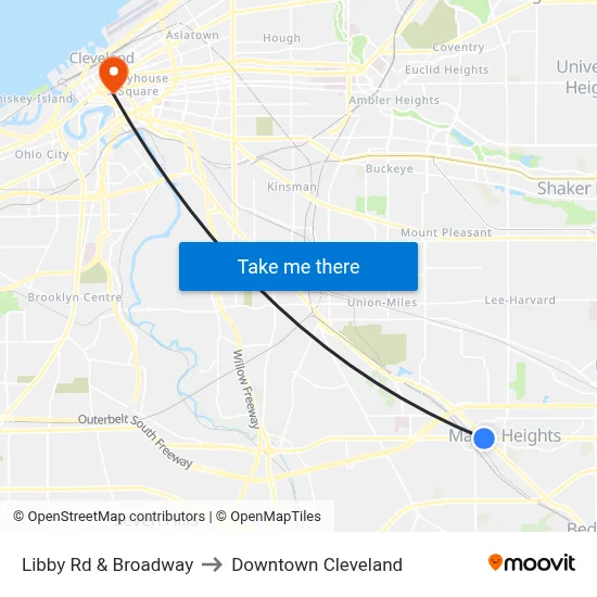 Libby Rd & Broadway to Downtown Cleveland map