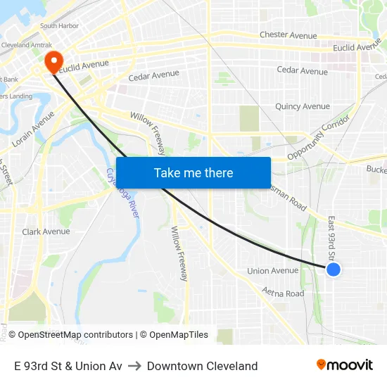 E 93rd St & Union Av to Downtown Cleveland map