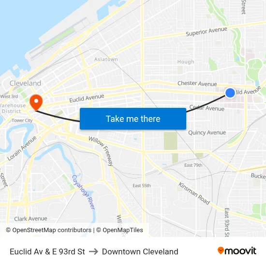 Euclid Av & E 93rd St to Downtown Cleveland map