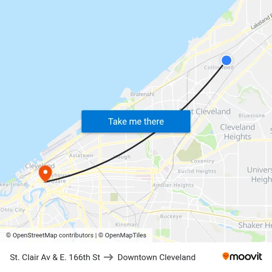 St. Clair Av & E. 166th St to Downtown Cleveland map