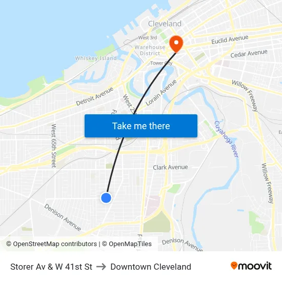Storer Av & W 41st St to Downtown Cleveland map