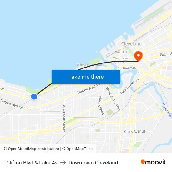 Clifton Blvd & Lake Av to Downtown Cleveland map